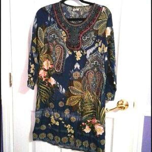 Earn Vintage Boho Hunter Green Floral Embellished Shift Mini Dress S